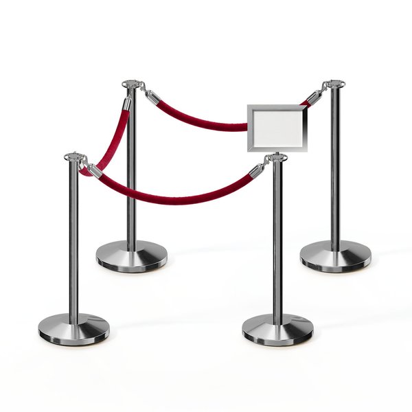 Montour Line Stanchion Post & Rope Kit Pol.Steel, 4FlatTop 3Maroon Rope 8.5x11H Sign C-Kit-3-PS-FL-1-Tapped-1-8511-H-3-PVR-MN-PS